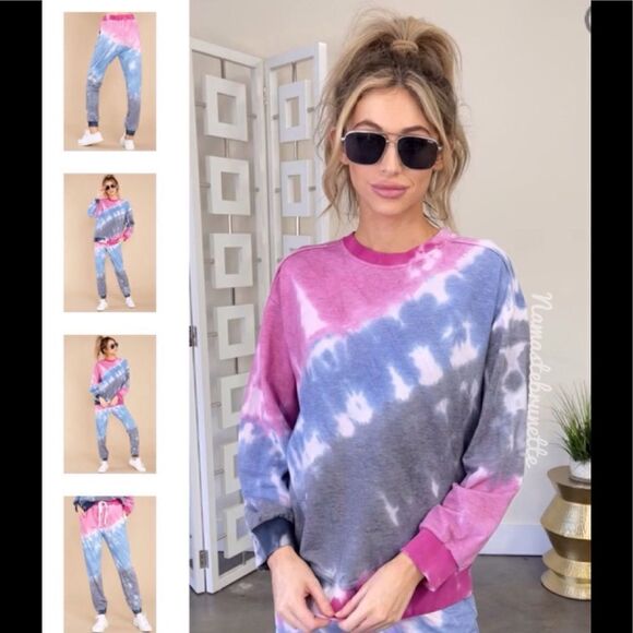 Nwt Boho Pink & Blue Tie Dye Long Sleeve Pullover Sweatshirt - Picture 3 of 13
